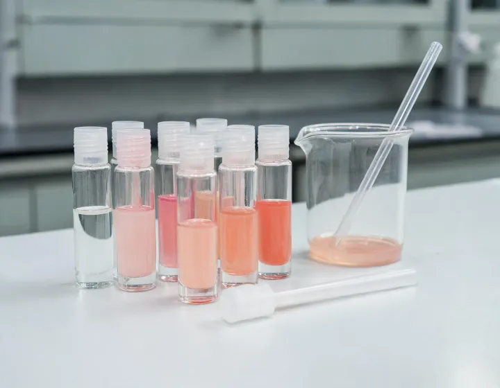 Lip Oil Sourcing on a cosmetics bench, illustration only