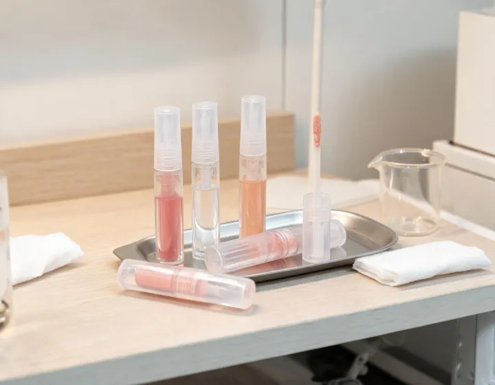 spf lip oil on a cosmetics bench, illustration only