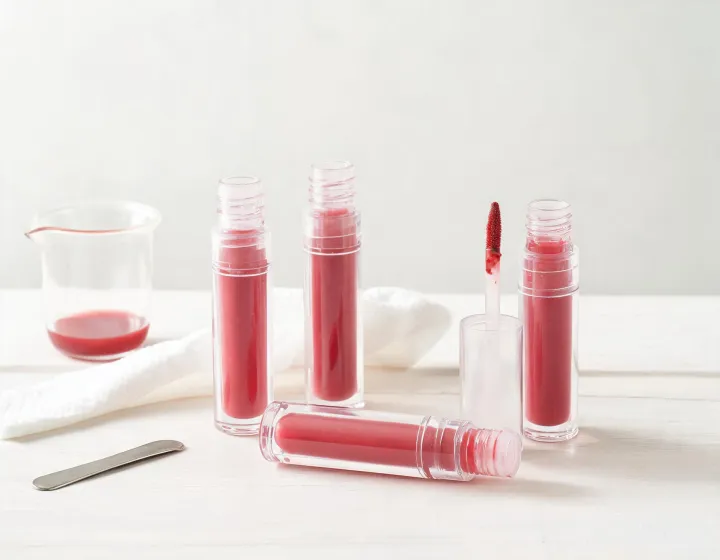 essence cranberry lip oil on a cosmetics bench, illustration only